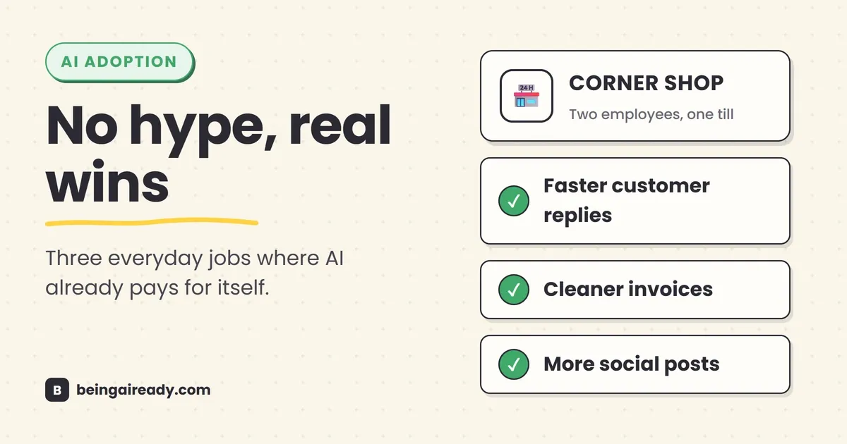 Cover graphic for 'AI for Small Business: A Practical Starter Guide': a corner-shop card above three checked-off wins — faster customer replies, cleaner invoices, more social posts — beside the headline No hype, real wins.