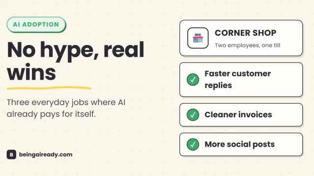 Cover graphic for 'AI for Small Business: A Practical Starter Guide': a corner-shop card above three checked-off wins — faster customer replies, cleaner invoices, more social posts — beside the headline No hype, real wins.