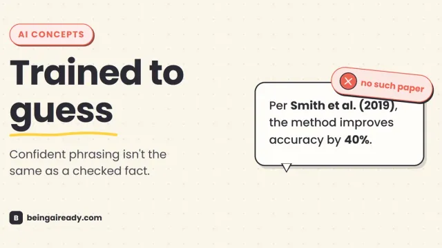 Cover graphic for 'AI Hallucinations: Why AI Confidently Makes Things Up': a speech bubble with a fabricated citation, 'Per Smith et al. (2019)...', tagged with a red 'no such paper' cross-badge, beside the headline Trained to guess.