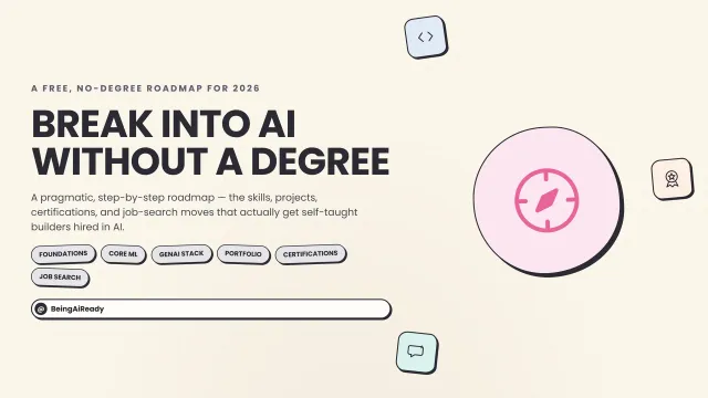 Cover graphic for the BeingAiReady guide: Break Into AI Without a Degree, a pragmatic no-degree roadmap covering foundations, core ML, the GenAI stack, portfolio, certifications and job search