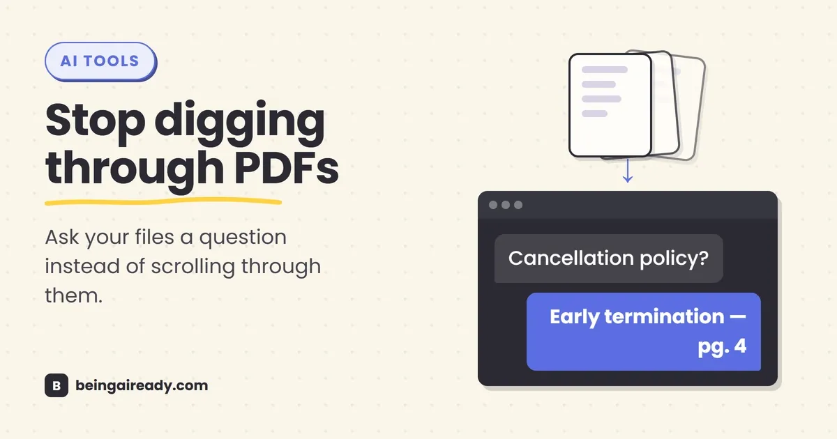 Cover graphic for 'How to Chat With Your Documents: Personal AI Knowledge Base': a stack of document cards with an arrow pointing into a dark chat window that highlights a single sourced answer, beside the headline Stop digging through PDFs.
