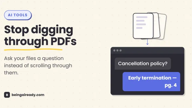 Cover graphic for 'How to Chat With Your Documents: Personal AI Knowledge Base': a stack of document cards with an arrow pointing into a dark chat window that highlights a single sourced answer, beside the headline Stop digging through PDFs.