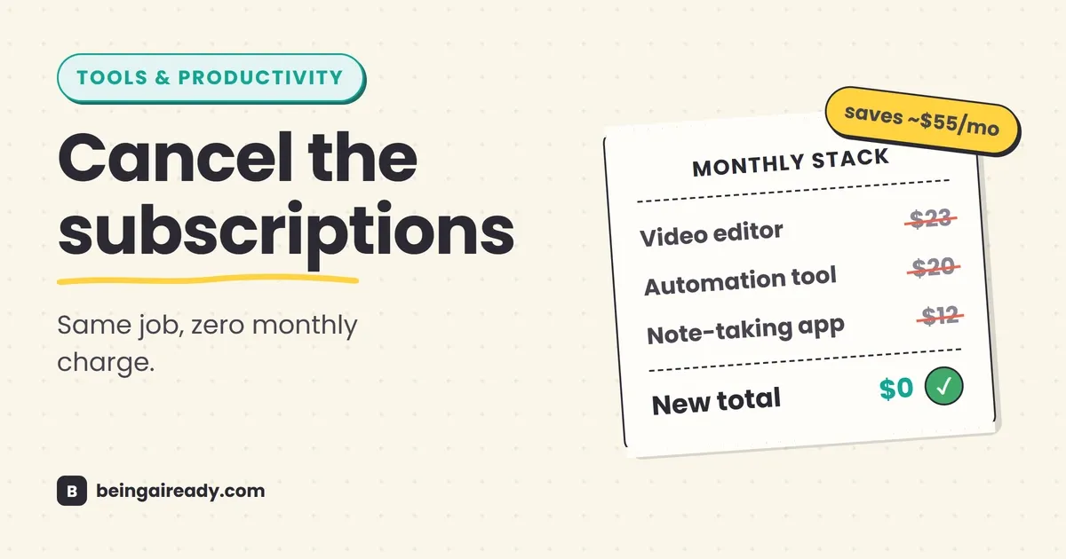 Cover graphic for 'Free Alternatives to the Software You're Paying For (The $0 Stack)': a receipt-style card with three struck-through monthly software prices totaling a bold $0, beside the headline Cancel the subscriptions.