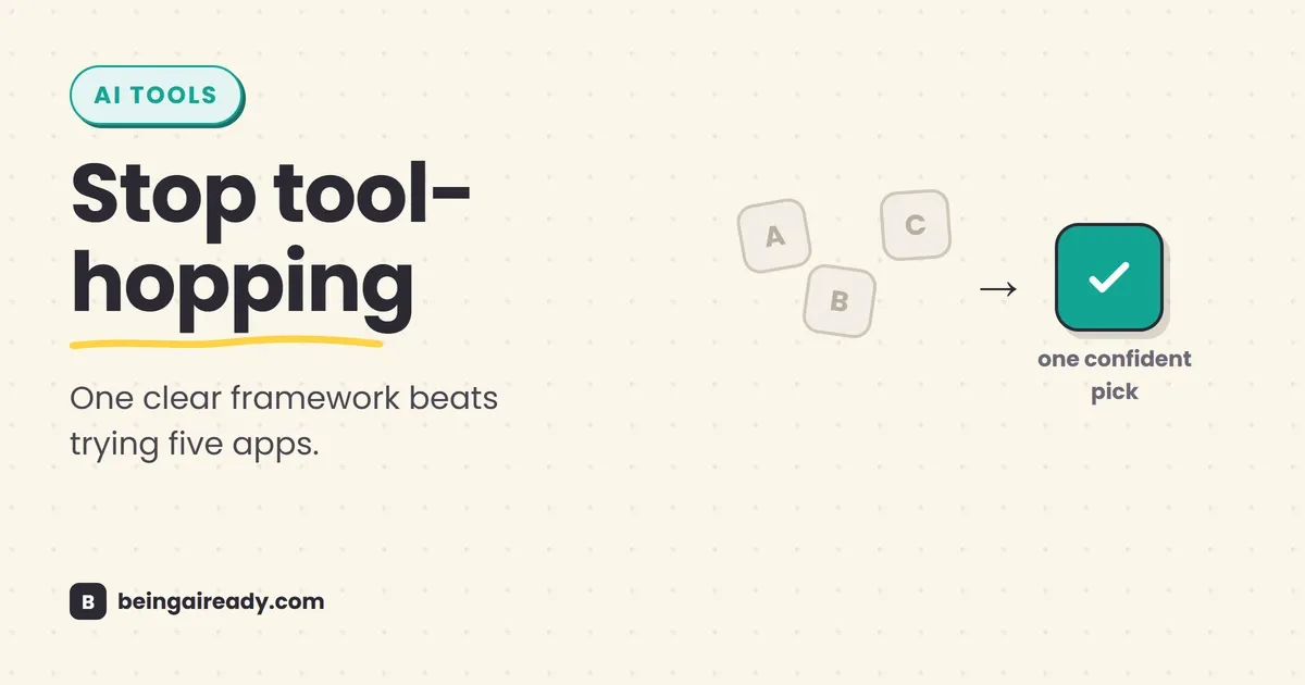Cover graphic for 'How to Choose the Right AI Tool: A Buyer's Framework': three faded, scattered app icons pointing via an arrow to one solid, checked icon, beside the headline Stop tool-hopping.