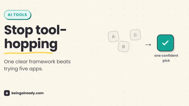 Cover graphic for 'How to Choose the Right AI Tool: A Buyer's Framework': three faded, scattered app icons pointing via an arrow to one solid, checked icon, beside the headline Stop tool-hopping.