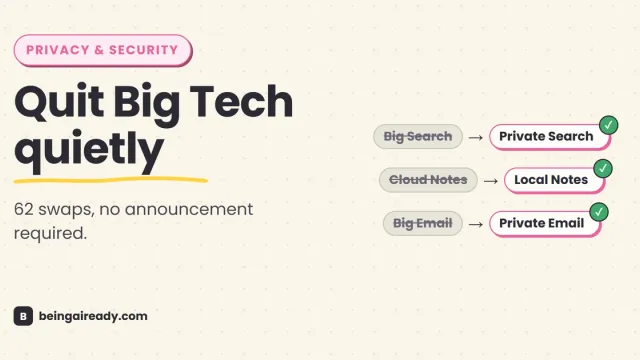 Cover graphic for 'The Privacy Toolkit: 62 Apps to Quietly Take Back Your Data in 2026': three rows swapping a greyed-out, struck-through generic app for a checked private alternative — search, notes, and email, beside the headline Quit Big Tech quietly.