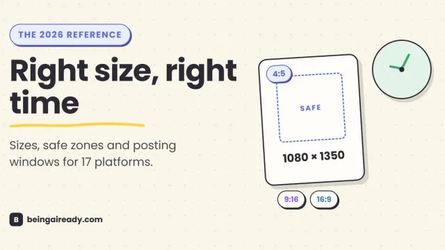 Cover graphic for a 2026 social media sizes guide: a portrait 4:5 canvas card with a dashed safe zone labelled 1080 × 1350, a small clock, and 9:16 and 16:9 ratio chips, beside the headline Right size, right time.