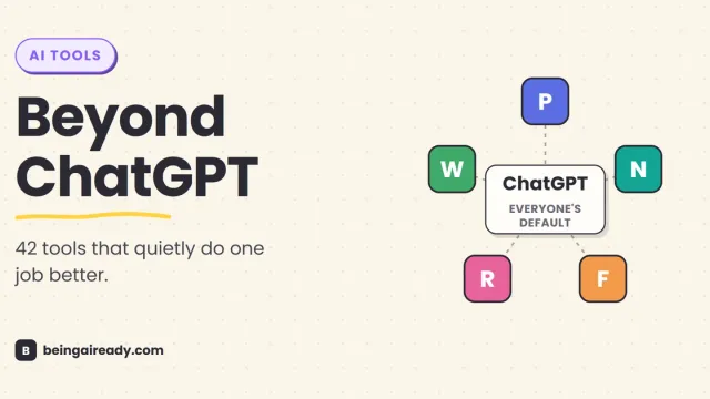 Cover graphic for '42 Underrated AI Tools Worth Using in 2026': a central speech bubble labeled ChatGPT, everyone's default, with five small colorful tool badges radiating around it on connecting lines, beside the headline Beyond ChatGPT.