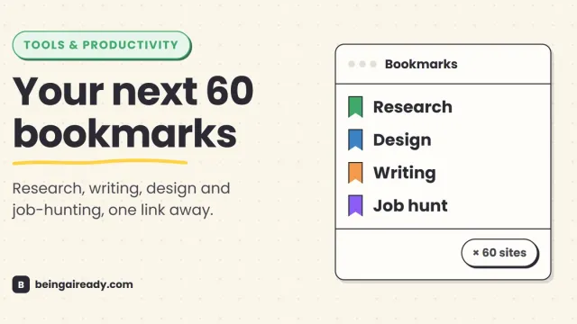 Cover graphic for '60 Websites You Wish You Knew Earlier': a bookmarks shortlist card with ribbon-marked rows for Research, Design, Writing, and Job hunt, tagged '×60 sites', beside the headline Your next 60 bookmarks.
